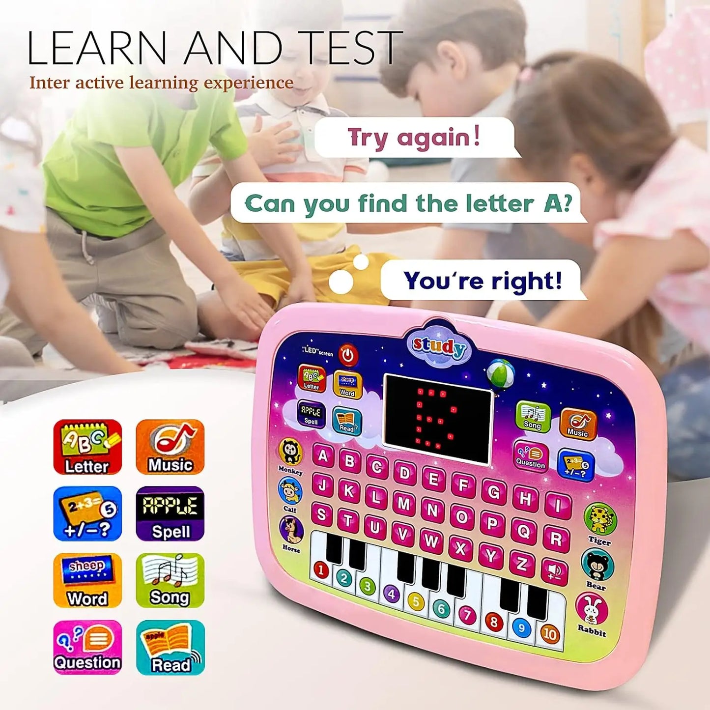 Kinder Tablet, pädagogisches Lernpad mit LED-Bildschirm, frühe Entwicklung Interaktives elektronisches Spielzeug für Jungen und Mädchen